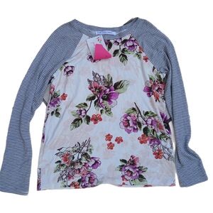 Chris & Carol White Floral Raglan Tee with Black Stripe Sleeves